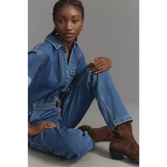NWT Anthropologie x KIVARI Natalie Short-Sleeve Denim Jumpsuit $300 XXS US Sz 0 - Picture 1 of 8
